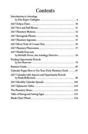Interior table of contents from Llewellyn's 2027 Daily Planetary Guide listing sections on eclipses, retrogrades, Moon void-of-course data, and weekly forecasts.