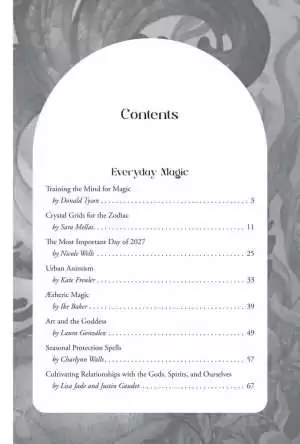 Table of contents from Llewellyn's 2027 Magical Almanac listing essays including Crystal Grids for the Zodiac, Urban Animism, and Aetheric Magic.