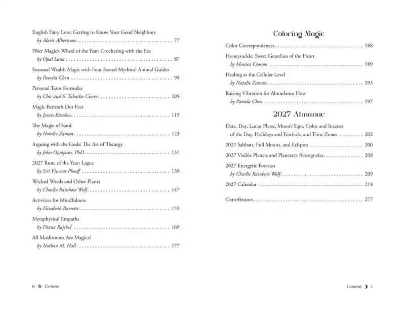 Table of contents continued from Llewellyn's 2027 Magical Almanac showing the Coloring Magic and 2027 Almanac reference sections.