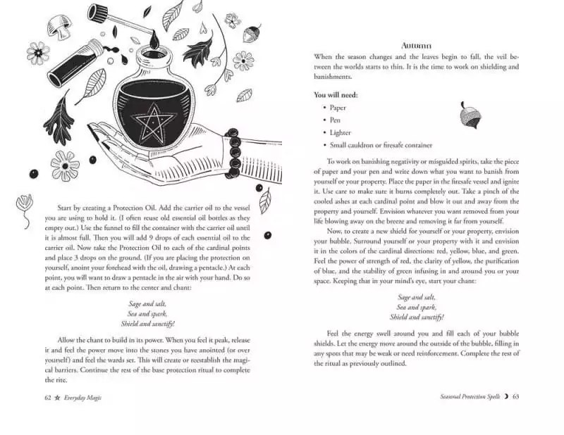 Interior spread from Llewellyn's 2027 Magical Almanac's Seasonal Protection Spells essay, illustrated with a hand holding a protection oil bottle.