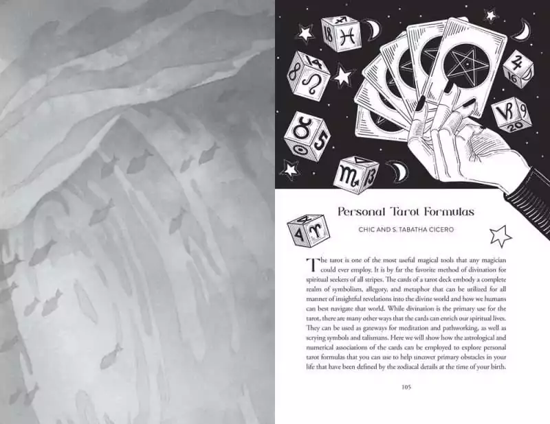 Opening spread of the Personal Tarot Formulas essay in Llewellyn's 2027 Magical Almanac, illustrated with a hand fanning tarot cards among astrological dice.
