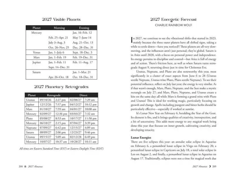 Interior reference pages from Llewellyn's 2027 Magical Almanac showing 2027 visible planets, retrogrades, and an energetic forecast essay by Charlie Rainbow Wolf.