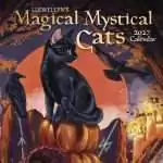 Cover of Llewellyn's 2027 Magical Mystical Cats Calendar showing a black cat perched on pumpkins beside ravens and candles under an autumn moon.