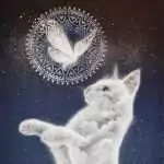 Interior illustration from Llewellyn's 2027 Magical Mystical Cats Calendar of a cloud-textured white cat batting at a glowing moth inside a mandala.