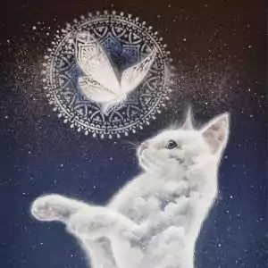 Interior illustration from Llewellyn's 2027 Magical Mystical Cats Calendar of a cloud-textured white cat batting at a glowing moth inside a mandala.