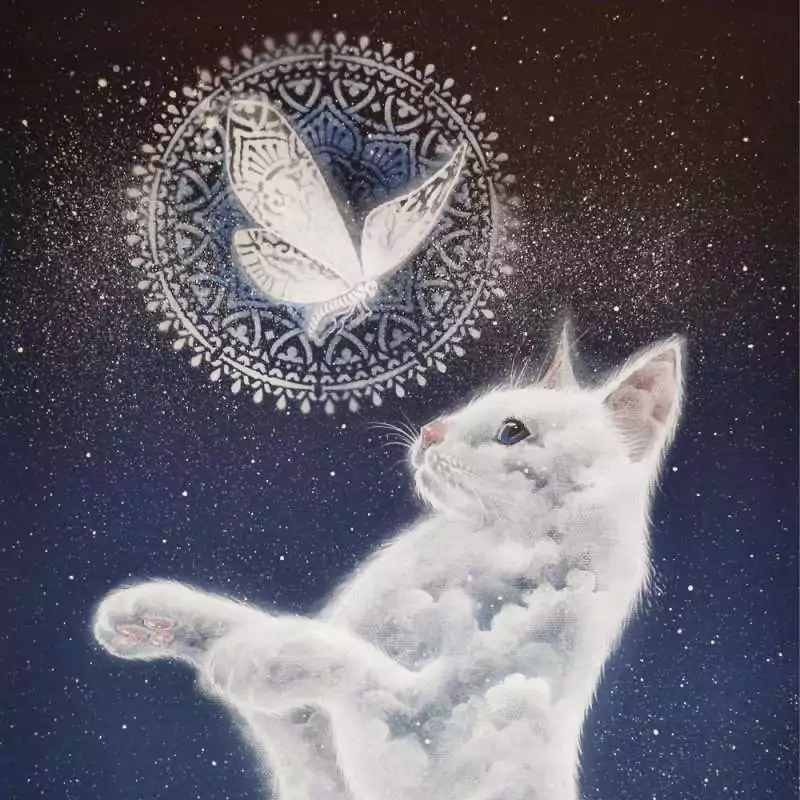 Interior illustration from Llewellyn's 2027 Magical Mystical Cats Calendar of a cloud-textured white cat batting at a glowing moth inside a mandala.