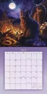 Sample April page from Llewellyn's 2027 Magical Mystical Cats Calendar showing two long-haired cats by a bonfire above a monthly grid with Moon phase icons.