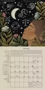 Sample January spread from Llewellyn's 2027 Magical Moon Calendar with a lunar portrait illustration by Lucy Rose, correspondences, and a monthly grid.