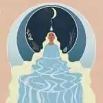 Interior spell illustration from Llewellyn's 2027 Magical Moon Calendar showing a figure emerging from flowing water beneath a crescent Moon with herbs and a crystal.
