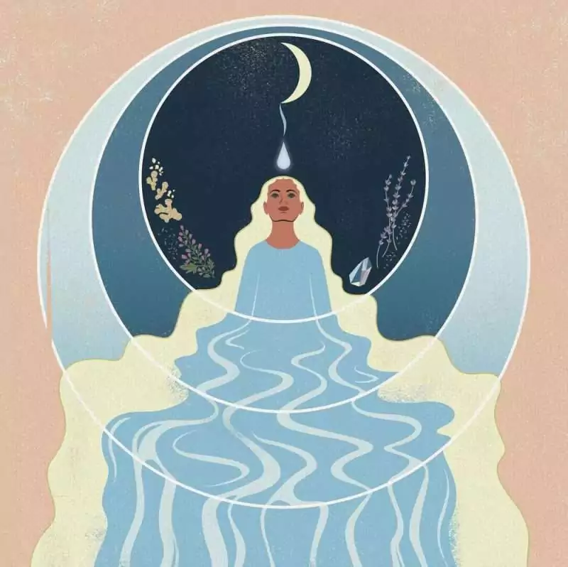 Interior spell illustration from Llewellyn's 2027 Magical Moon Calendar showing a figure emerging from flowing water beneath a crescent Moon with herbs and a crystal.