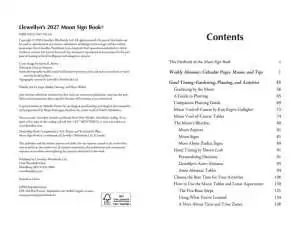 Copyright and table of contents page from Llewellyn's 2027 Moon Sign Book listing sections on gardening by the Moon, Moon void-of-course, and forecasts.