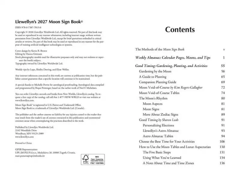 Copyright and table of contents page from Llewellyn's 2027 Moon Sign Book listing sections on gardening by the Moon, Moon void-of-course, and forecasts.