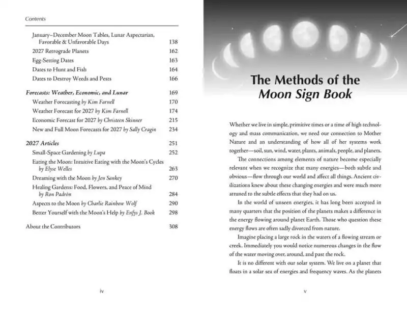 Table of contents continued from Llewellyn's 2027 Moon Sign Book listing 2027 articles including Small-Space Gardening and Dreaming with the Moon.