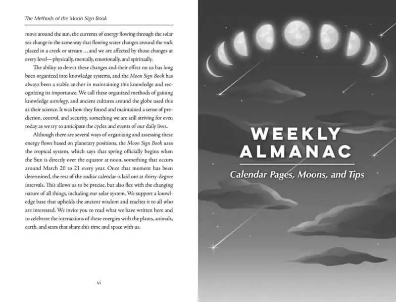 Opening spread of The Methods of the Moon Sign Book chapter in Llewellyn's 2027 Moon Sign Book, illustrated with phases of the Moon.