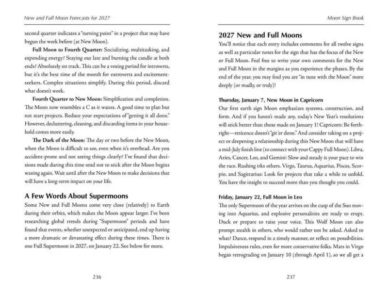 Sample July Moon Table and Aspectarian pages from Llewellyn's 2027 Moon Sign Book listing favorable and unfavorable days by zodiac sign.