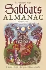 Cover of Llewellyn's 2027 Sabbats Almanac showing a woman with a wolf mask surrounded by candles and trees, subtitled Samhain 2026 to Mabon 2027.