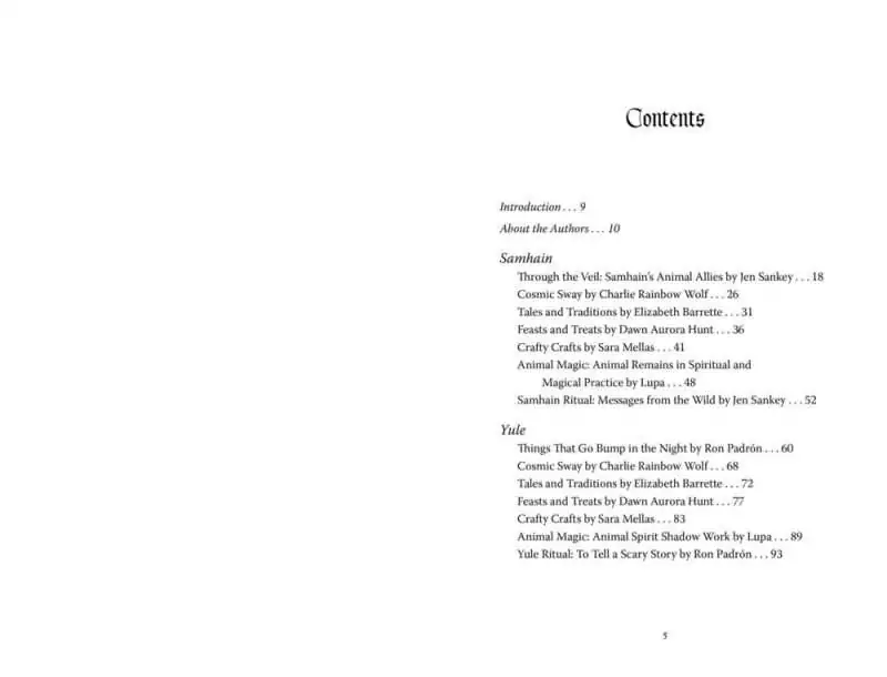 Table of contents from Llewellyn's 2027 Sabbats Almanac listing the Samhain and Yule sections with essays, crafts, and rituals for each sabbat.
