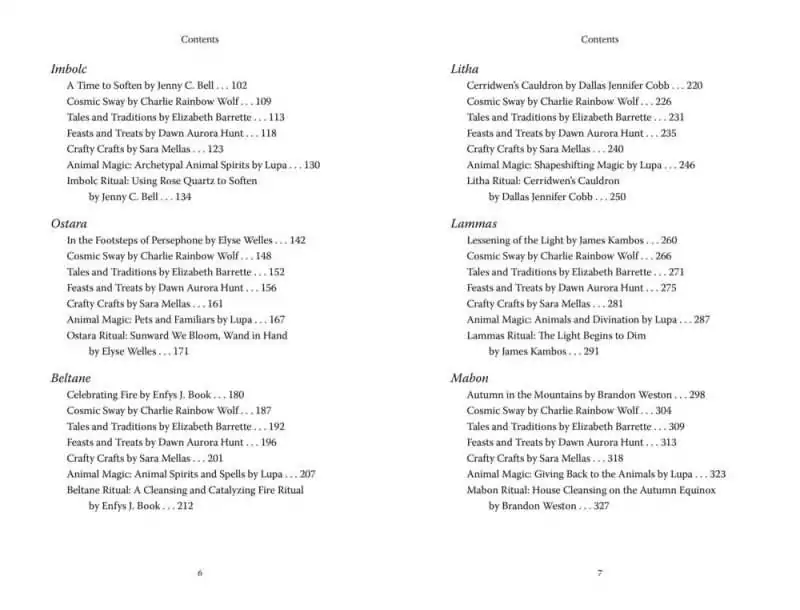 Table of contents continued from Llewellyn's 2027 Sabbats Almanac listing the Imbolc through Mabon sections with their contributing authors.