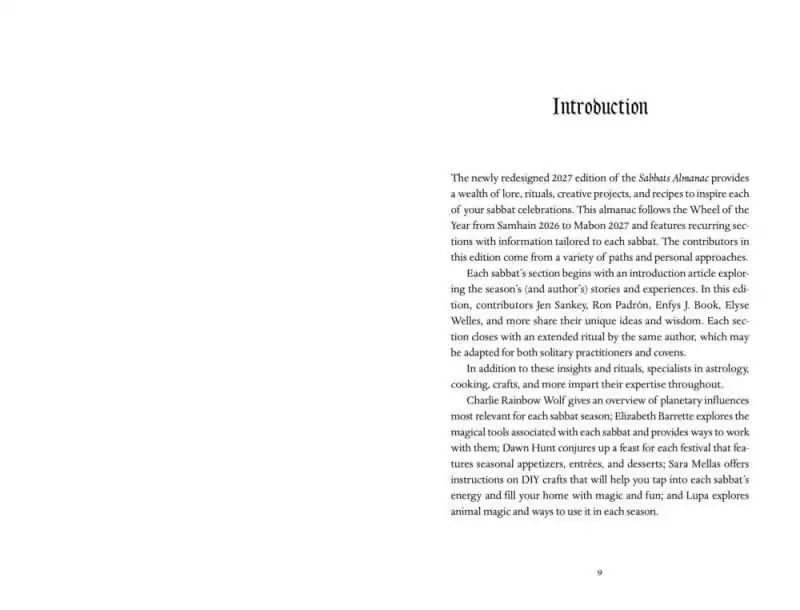 Introduction page from Llewellyn's 2027 Sabbats Almanac describing its sabbat-by-sabbat structure and contributor lineup.