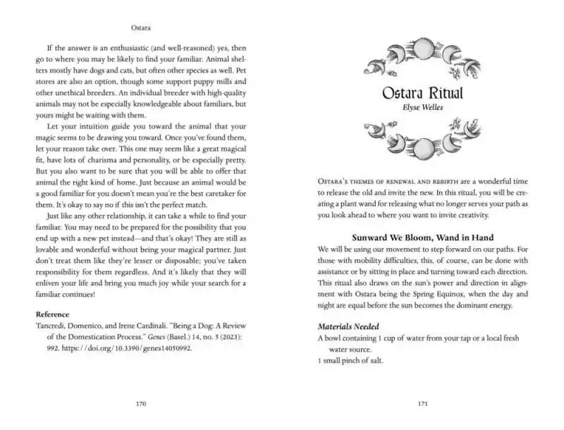 Interior Ostara section from Llewellyn's 2027 Sabbats Almanac featuring an Ostara ritual for creating a plant wand by Elyse Welles.