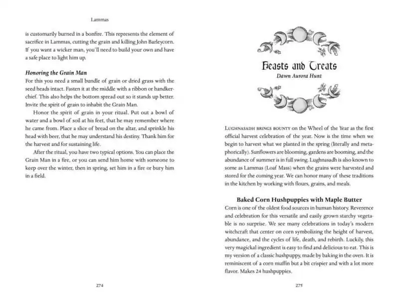 Interior Lammas section from Llewellyn's 2027 Sabbats Almanac featuring a Baked Corn Hushpuppies with Maple Butter recipe by Dawn Aurora Hunt.