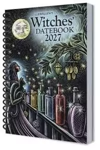 Cover of Llewellyn's 2027 Witches' Datebook, a scratchboard illustration of a woman and black cat beside glowing spell bottles under a full Moon.