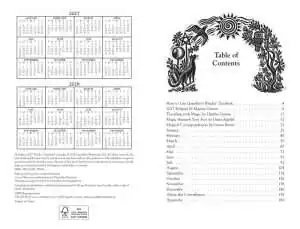 Interior calendar and table of contents pages from Llewellyn's 2027 Witches' Datebook listing 2027 and 2028 mini calendars and essay topics.