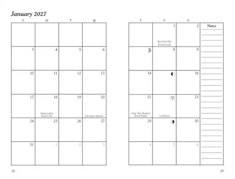 Sample January monthly overview page from Llewellyn's 2027 Witches' Datebook marking Celtic Tree Month and Moon phase symbols on the grid.