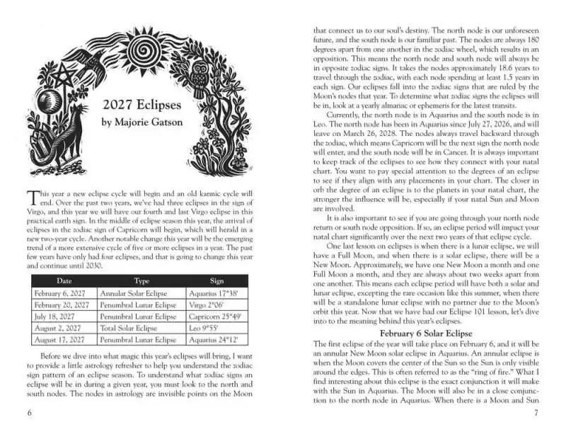 Interior 2027 Eclipses essay from Llewellyn's 2027 Witches' Datebook by Majorie Gatson, illustrated with a scratchboard archway design.