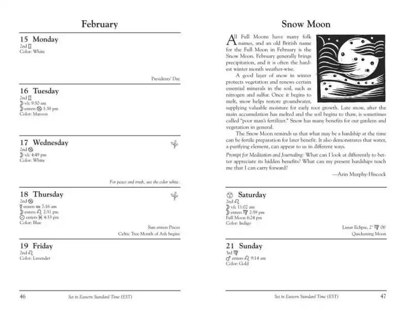 Sample February weekly spread from Llewellyn's 2027 Witches' Datebook featuring a Snow Moon Full Moon ritual essay by Arin Murphy-Hiscock.