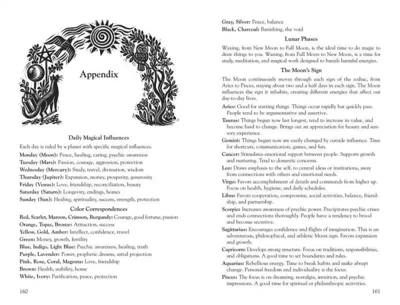 Interior Appendix pages from Llewellyn's 2027 Witches' Datebook listing daily magical influences, color correspondences, and Moon sign meanings.