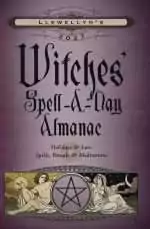 Cover of Llewellyn's 2027 Witches' Spell-A-Day Almanac, a purple design with a pentacle and figures flanking a sun and moon emblem.