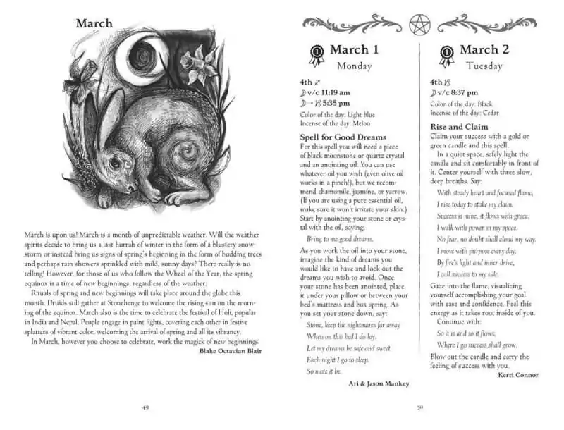 Sample March spell pages from Llewellyn's 2027 Witches' Spell-A-Day Almanac featuring a Spell for Good Dreams by Ari and Jason Mankey.