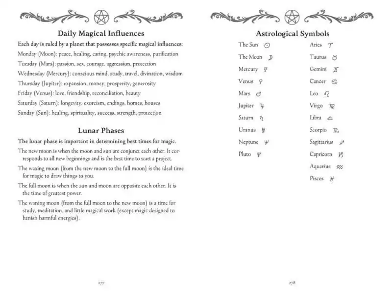 Interior Appendix pages from Llewellyn's 2027 Witches' Spell-A-Day Almanac listing daily magical influences and astrological symbols.