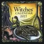 B27WITW Image 1 Cover of Llewellyn's 2027 Witches' Calendar, a scratchboard illustration by Jennifer Hewitson of a woman spinning thread beside a sleeping dog and black cat.