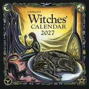 Cover of Llewellyn's 2027 Witches' Calendar, a scratchboard illustration by Jennifer Hewitson of a woman spinning thread beside a sleeping dog and black cat.