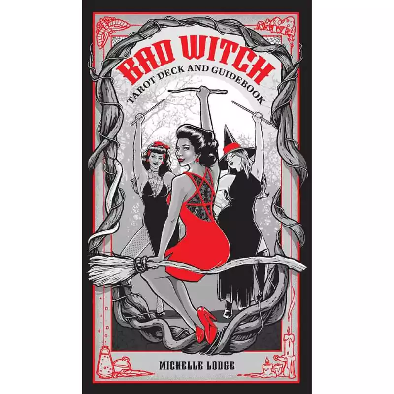 Boxed Bad Witch Tarot deck and 128-page guidebook by Michelle Lodge, showing bold feminist card illustrations