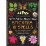 Open paperback of Botanical Magickal Stickers and Spells showing botanical sticker sheets and a handwritten spell page