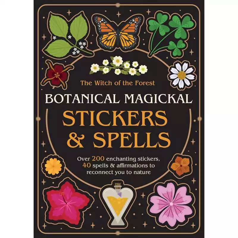 Botanical-Magickal-stickers-spells-BBOTMAG Open paperback of Botanical Magickal Stickers and Spells showing botanical sticker sheets and a handwritten spell page