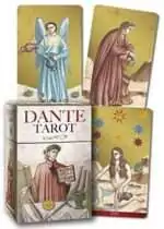 Dante Tarot box and three sample cards showing borderless late-medieval artwork in gold and jewel tones, including Dante seated with an open book, an angel figure, and a card marked XVII, by Guido Zibordi Marchesi.