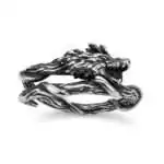 Silver-tone adjustable ring featuring a detailed coiled dragon body wrapping the band with the dragon head as the visual focal point, shown against a white background.