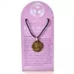 Bronze-tone pendant depicting Hecate in her three-faced Triple Goddess form holding torches, on a black cord, shown on an Earth Mother Goddess Collection display card.
