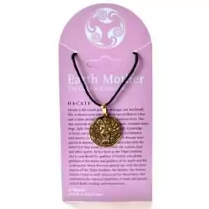 Bronze-tone pendant depicting Hecate in her three-faced Triple Goddess form holding torches, on a black cord, shown on an Earth Mother Goddess Collection display card.