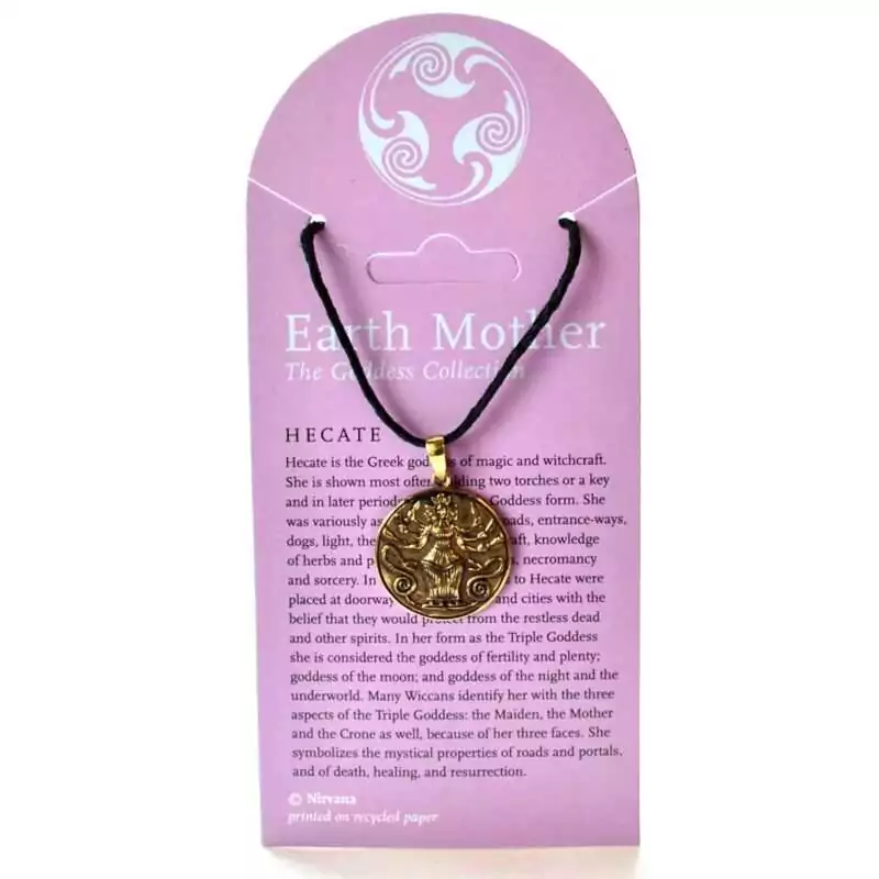 Hecate-bronze-JB1029 Bronze-tone pendant depicting Hecate in her three-faced Triple Goddess form holding torches, on a black cord, shown on an Earth Mother Goddess Collection display card.