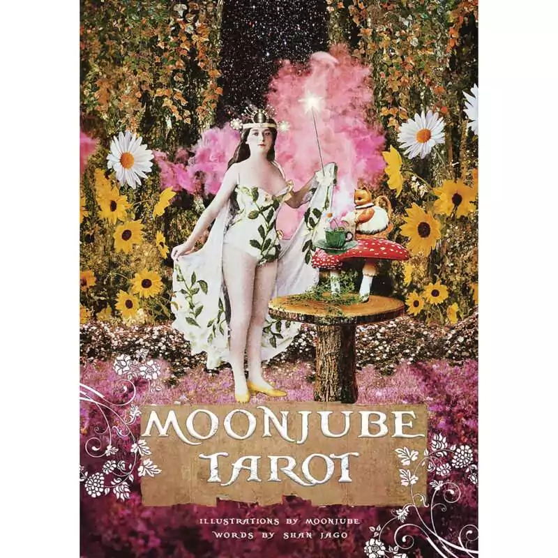 Moonjube-Tarot-by-Moonjube-Jago-DMOOTAR Boxed Moonjube Tarot deck by Moonjube and Shan Jago showing dreamlike collage art cards with astrological motifs, 78 cards plus a full-color guidebook