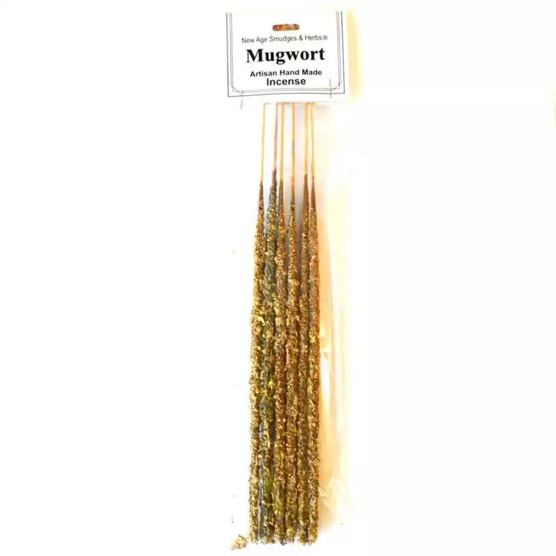 Mugwort-stick-6-pack-ISNAMUG Six mugwort incense sticks bundled together showing their dried herbal coating, artisan-dipped for dreamwork and ritual use