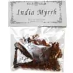 Clear plastic bag of reddish-brown myrrh resin tears labeled India Myrrh, Resin Incense, Net Wt. 1 oz, by 1618 Gold, with an ornate bordered paper label.