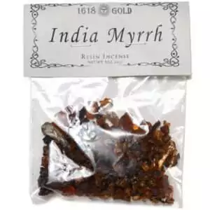Clear plastic bag of reddish-brown myrrh resin tears labeled India Myrrh, Resin Incense, Net Wt. 1 oz, by 1618 Gold, with an ornate bordered paper label.