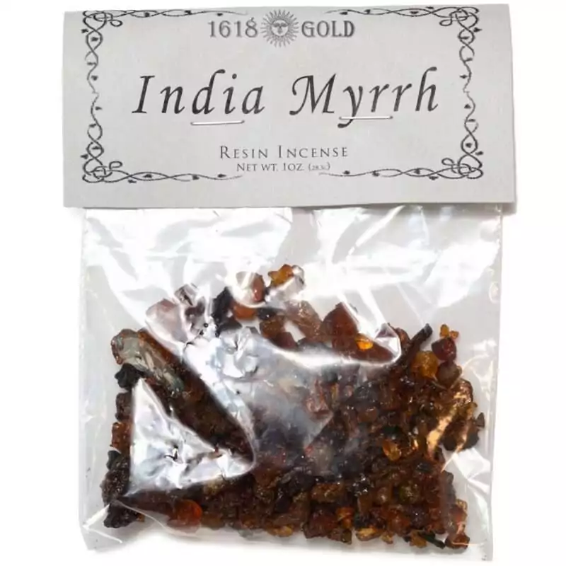 Clear plastic bag of reddish-brown myrrh resin tears labeled India Myrrh, Resin Incense, Net Wt. 1 oz, by 1618 Gold, with an ornate bordered paper label.