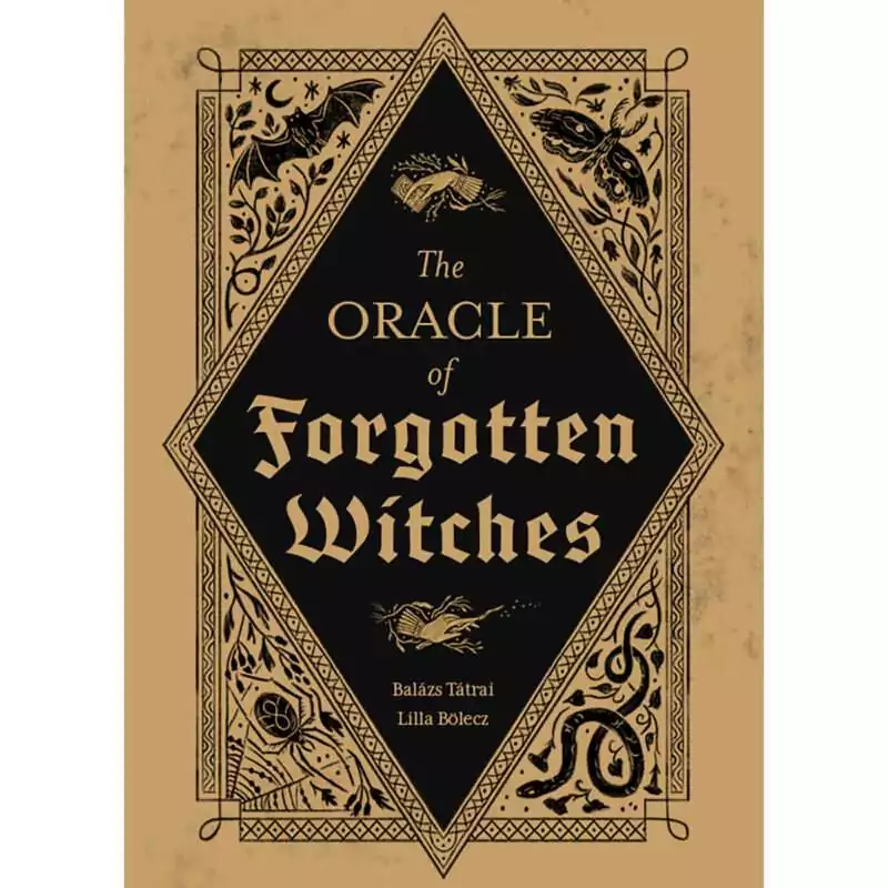 Oracle-of-Forgotten-Witches-by-Tatrai-Bolecz-DORAFORW Boxed Oracle of Forgotten Witches deck by Tátrai and Bölecz showing the card box, a fanned selection of illustrated witch cards, and the included guidebook